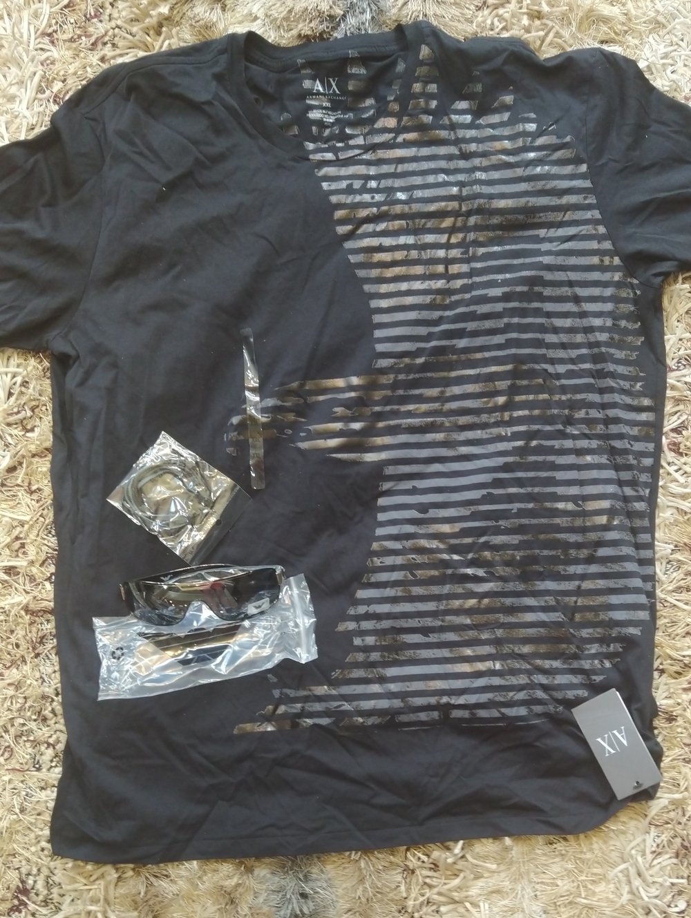 New  A|X Armani Exchange Black Tee W/Metallic Stripe  Eagle Graphic + Bonuses